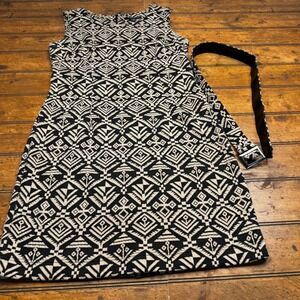 Sharagano Womens Black Tan Geometric Tribal Print Belted Shift Dress Size 10